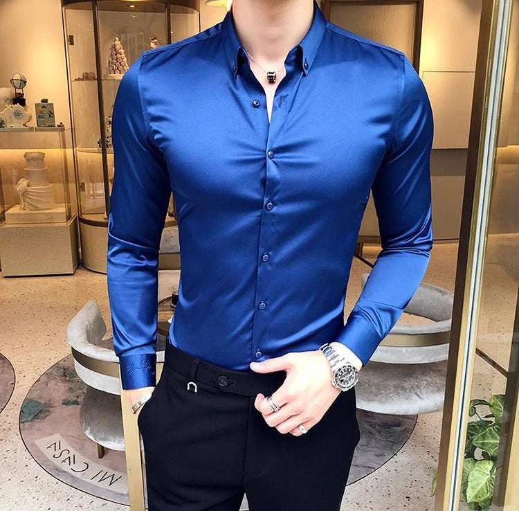 Plain Long Sleeve Shirts and Blouses for Men Business Silk Summer Button Man Tops Fashion 2025 Social High Quality Clothing S I