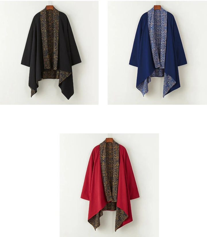 Men's Kimono Cardigan Japanese Samurai Costume Cotton Linen Haori Yukata Streetwear Retro Ethnic Robe Double-Sided Cloak Jacket