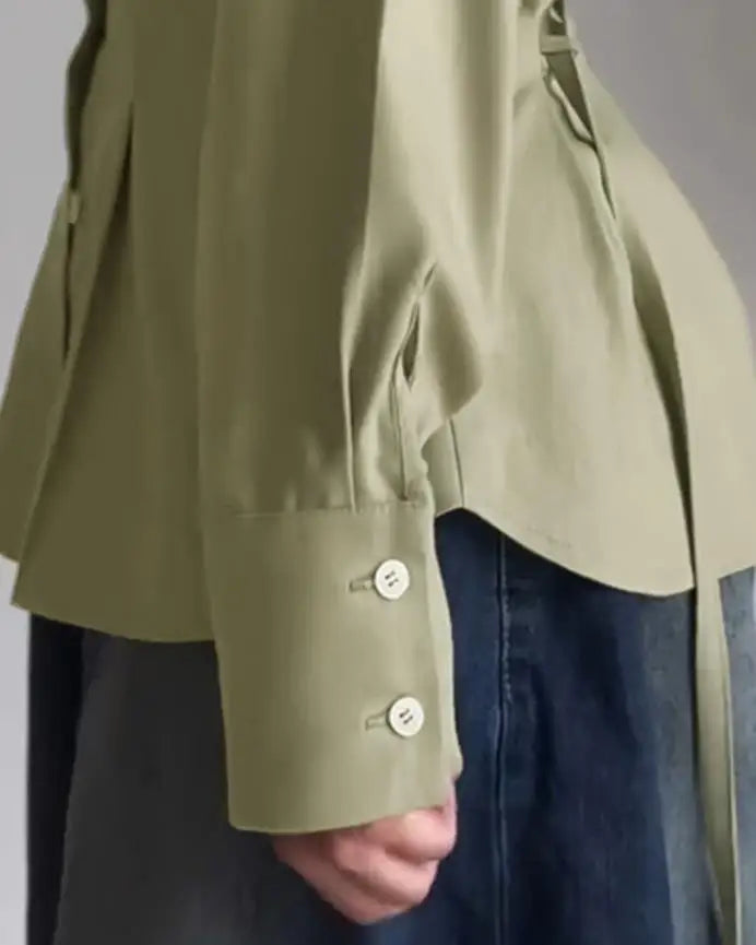 Women Shirt 2025 Spring New Turn-Down Collar Long Sleeve Button Front Blouse Casual Back Criss Cross Tied Detail Fishtail Shirt