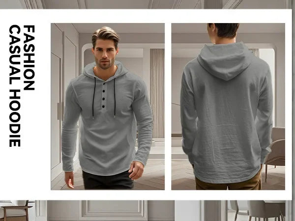 2026 New Men's  T-Shirts Spring Summer Hooded Cotton Linen Tops for Men Soft Loose Henley Shirt Casual Button Long Sleeve Shirts