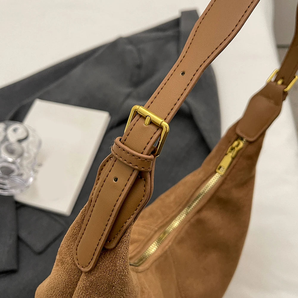 Vintage Women’s Suede Handbag – Designer Crescent Hobo Crossbody Bag