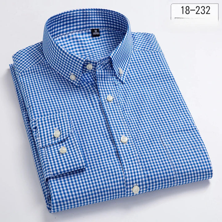 New in Shirt 100% Cotton Long-Sleeve Shirts for Men Slim Fit Plain Shirt Thin Plaid Striped Tops Fashion Elegants Office Clothes