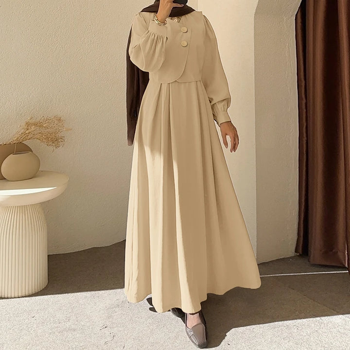 ZANZEA Ramadan Robe Fashion Muslim Dresses Women Elegant Long Sleeve Pleated Sundress Dubai Abaya Casual Kaftan Fake 2 Pieces