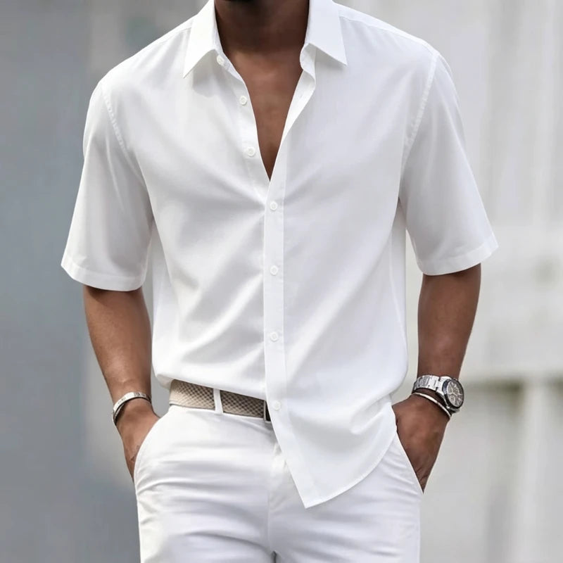 Short Sleeve White Shirts Men's Summer Anti-Wrinkle Business Loose Fit Ice Silk Shirt Youthful Button Iron-Free Black Work Shirt