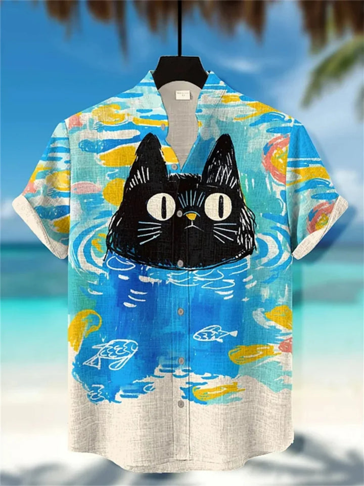Men's Printed Short Sleeve Shirt Fashionable Casual Outdoor Breathable Linen Stand up Collar for Social Parties