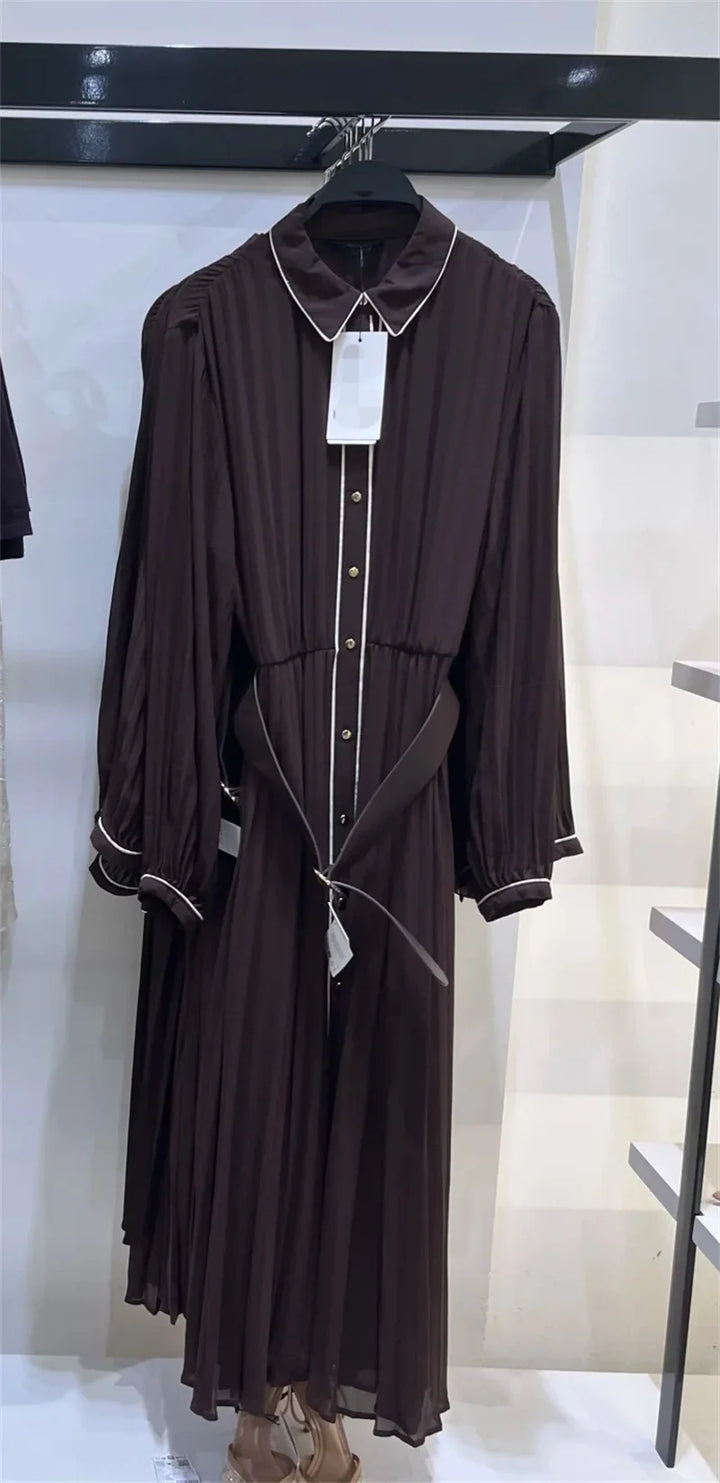 Women’s Fall 2025 Russet Pleated Midi Dress with Belt