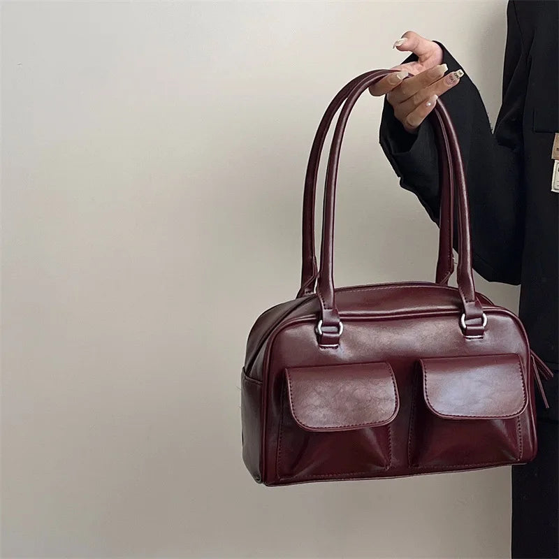 Vintage Women’s PU Leather Shoulder Bag – Large Burgundy Tote & Commute Purse