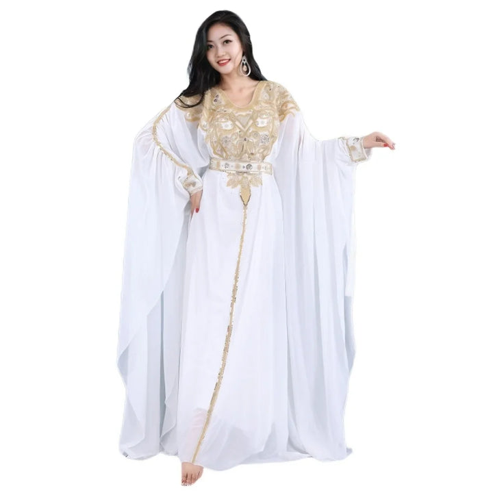 Khaleeji Gulf Dance Costume Women Gold Embroidery Kaftan Robe+Sleeveless Mermaid Slip Dress Belly Dance Performance Outfit