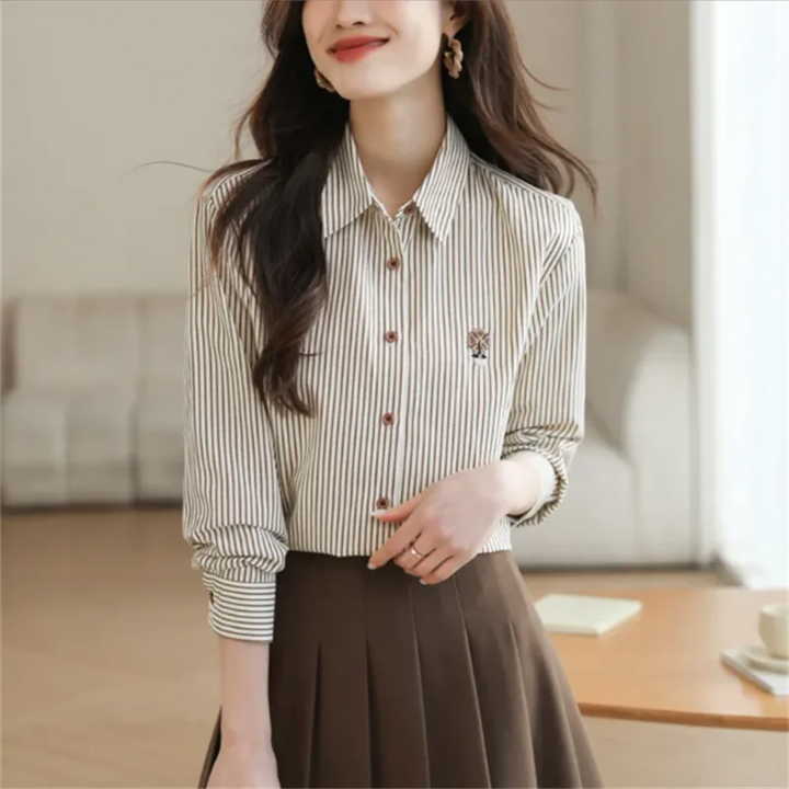 Loose Striped Shirts For Women Embroidered Blouse Spring Autumn Woman Clothes Blous Button Top Fashion Elegant Youth Female Tops