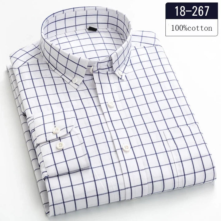 New in Shirt 100% Cotton Long-Sleeve Shirts for Men Slim Fit Plain Shirt Thin Plaid Striped Tops Fashion Elegants Office Clothes