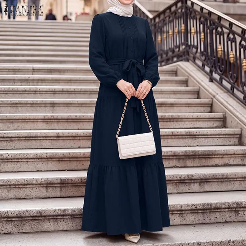 ZANZEA Elegant Muslim Abaya Dress Women O Neck Long Sleeve Pleated Sundress Maxi Robe Casual Kaftan Stylish Party Dress Ramadan