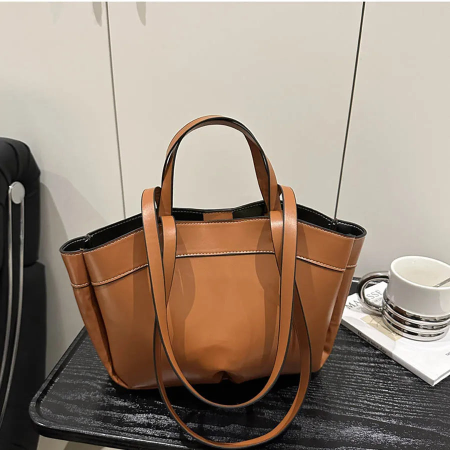 Women’s PU Leather Tote Bag – Large Capacity Vintage Shoulder & Crossbody Purse
