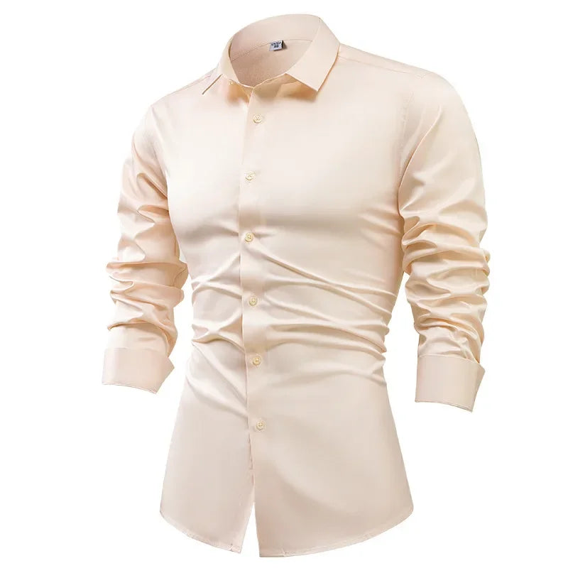 High-end Satin Shirts for Men Fashion Long Sleeved Solid Dress Shirts Men's Business Social Non-ironing Wrinkle-resistant Shirts