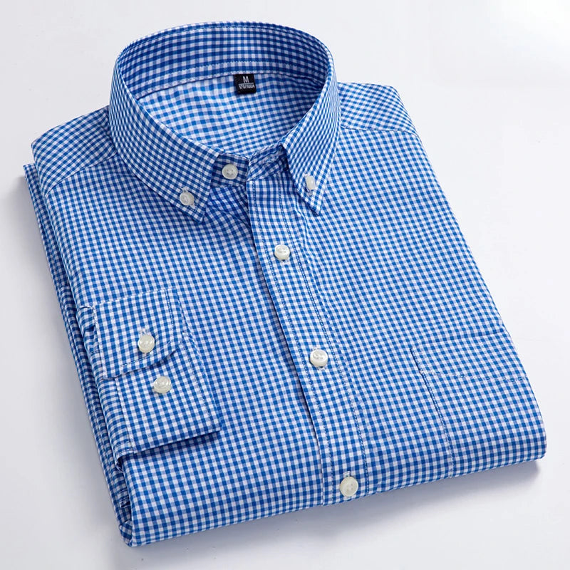 New in Shirt 100% Cotton Long-Sleeve Shirts for Men Slim Fit Plain Shirt Thin Plaid Striped Tops Fashion Elegants Office Clothes