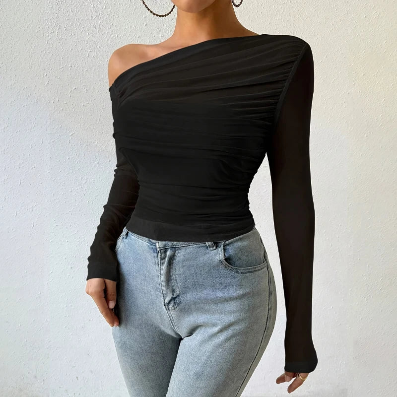 2025 Women’s Off-Shoulder Crop Top – Slim Fit Autumn/Winter Streetwear