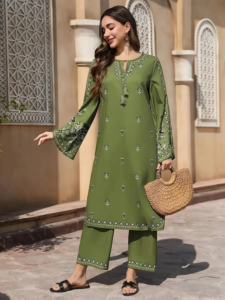 2pcs Boho Chic Salwar Suit Ethnic Print Lightweight Non-See-Through Ramadan Fashion with Flared Cuffs & Hem for Women Outdoor Ev