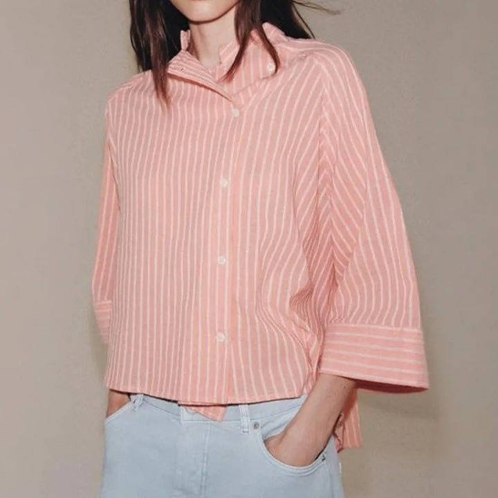 Striped Loose Striped Shirt Elegant Mid Sleeve Button Tops European American Style Asymmetric Casual Blouse for Woman