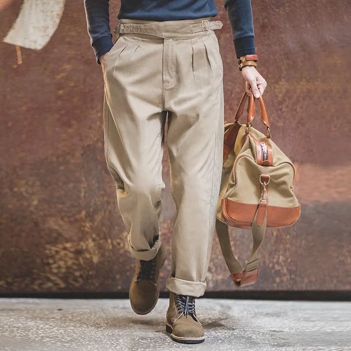 Maden Vintage Adjustable High Waist Gurkha Pants Khaki Casual Cargo Work Pants Classic Straight Trousers for Men's Spring Fall