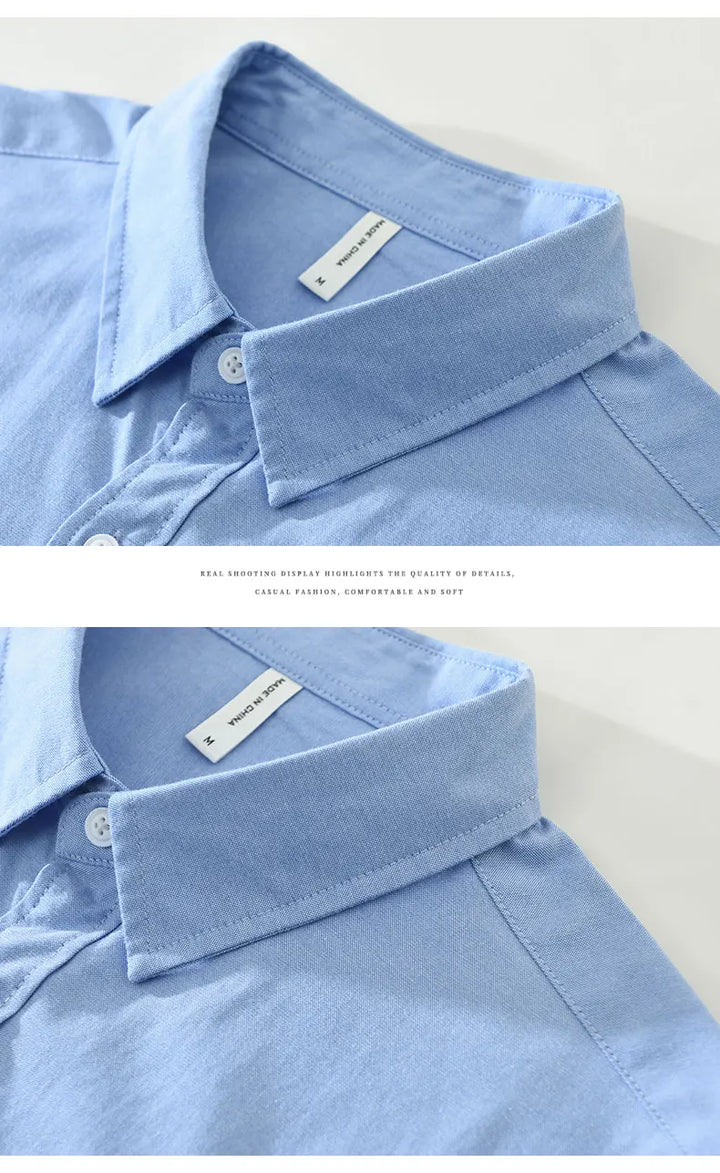 Men's 100% Cotton Short-Sleeve Shirt – Classic Turn-Down Collar, Slim Fit with Chest Pocket & Striped Detail