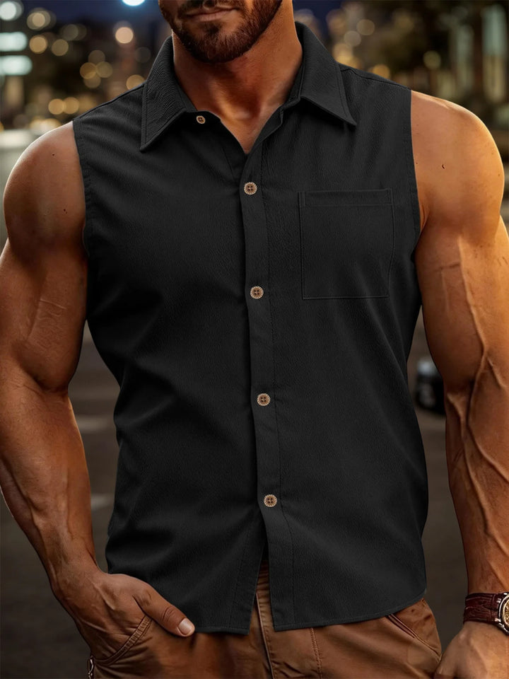 Mens Fashion Casual Sleeveless Shirts Men Turn-down Collar Buttoned Vest Shirt Summer Breathable Male Solid Color Tank Tops