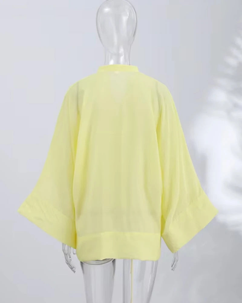 Women's Shirt 2026 New Fashion Summer Solid Color Oversize Rope Knot Detail Draped Shirt for Women Loose Chic Ladies Shirt Top