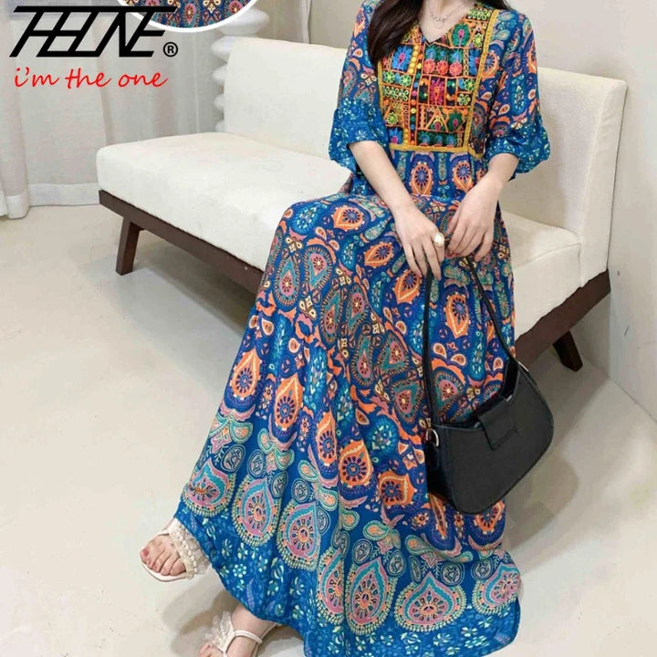 Women’s Indian Summer Dress – Embroidered Elegant Maxi Party & Beach Dress
