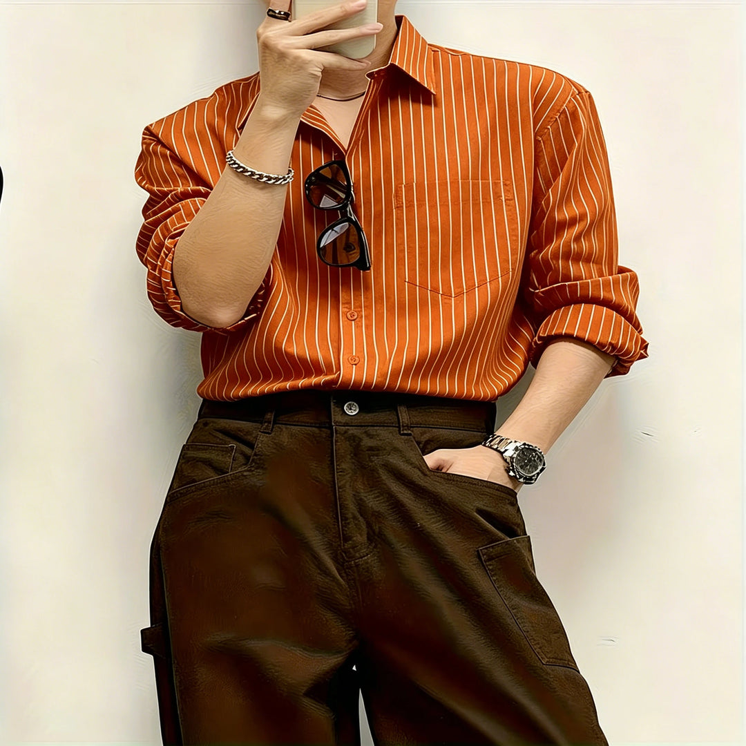 Men's Long-Sleeved Shirt with Black Base and Pinstripes, Loose Fit, Slimming Design, Single Pocket, Lapel, Casual Top.
