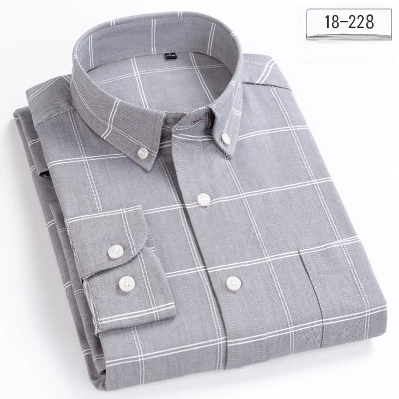 New in Shirt 100% Cotton Long-Sleeve Shirts for Men Slim Fit Plain Shirt Thin Plaid Striped Tops Fashion Elegants Office Clothes