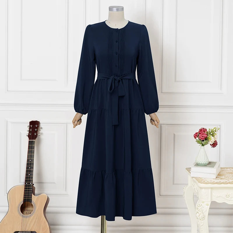 ZANZEA Elegant Muslim Abaya Dress Women O Neck Long Sleeve Pleated Sundress Maxi Robe Casual Kaftan Stylish Party Dress Ramadan