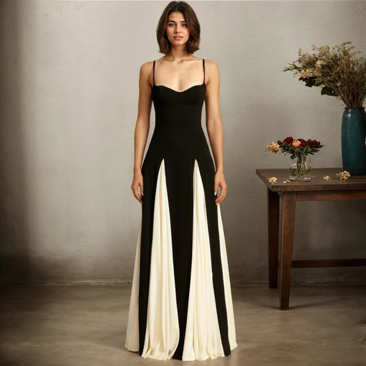 Women Evening Dress Fashion Elegant Royal Sister Slim Black And White Contrast Color Strap Dress Sexy V-Neck High Waist Dresses