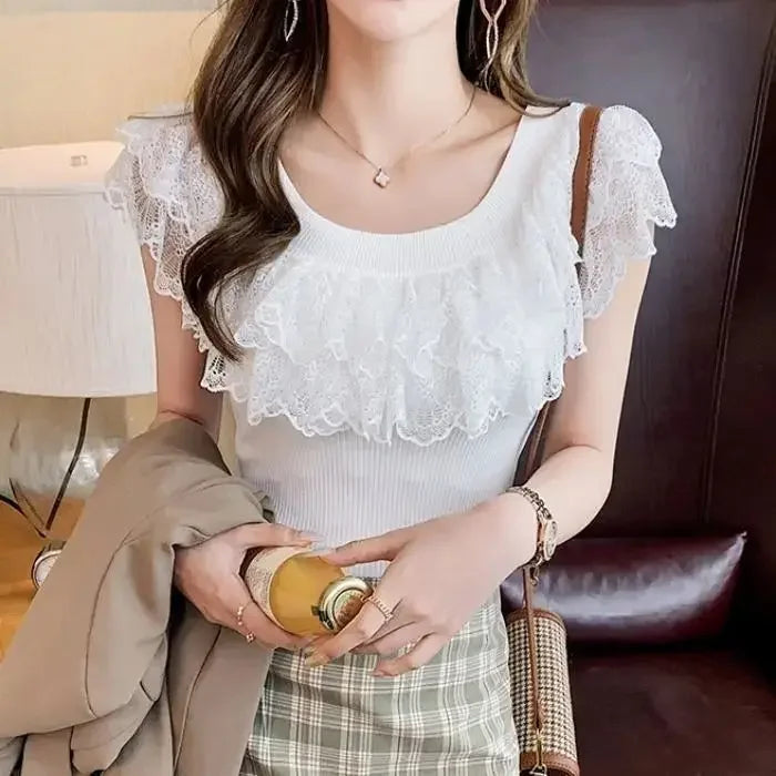 2024 Women’s Summer Blouse – Patchwork Lace Ruffles, Sweet Tunic Top