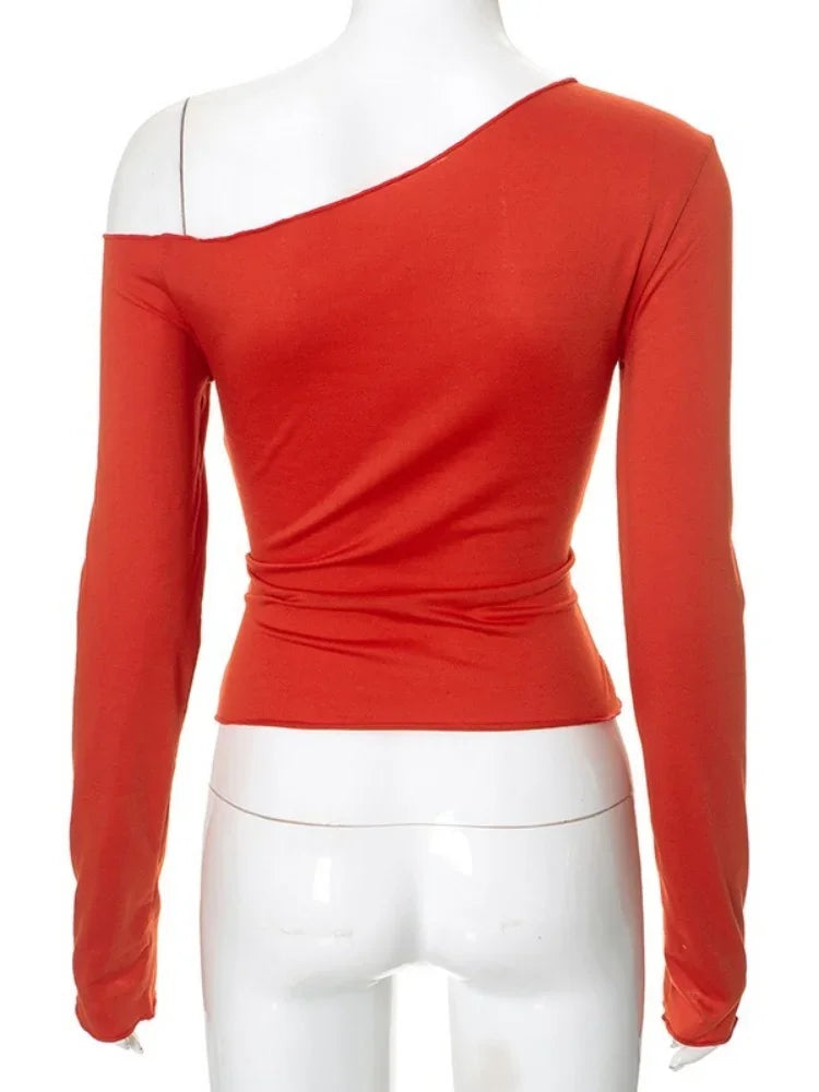 One Shoulder T Shirts For Women Aesthetic Clothes Sashes Crop Top Y2k Accessories Long Sleeve Lady Tshirt Ropa Mujer Camisetas