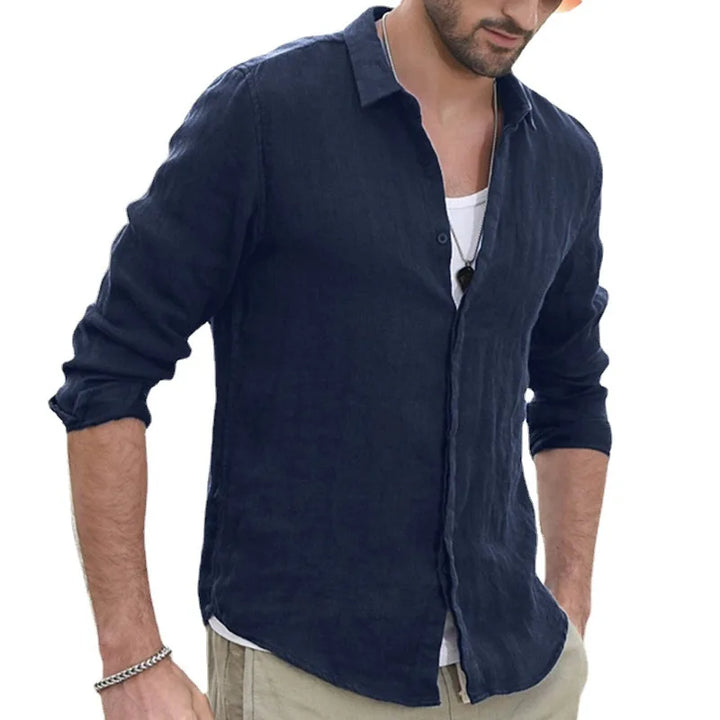 Men's Solid-Color Shirt - Made of Linen - With Standing Collar at the Cuffs - Lightweight Beach Shirt
