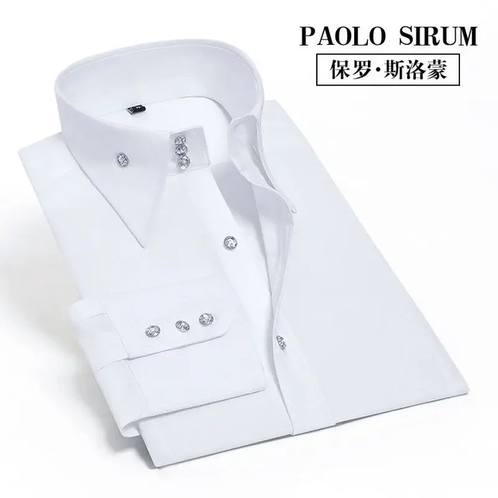 Men's Dress Shirts Non-ironing Formal Collar Shirt Fashion Korean Slim Solid Color Business Casual Shirt White Spring Autumn