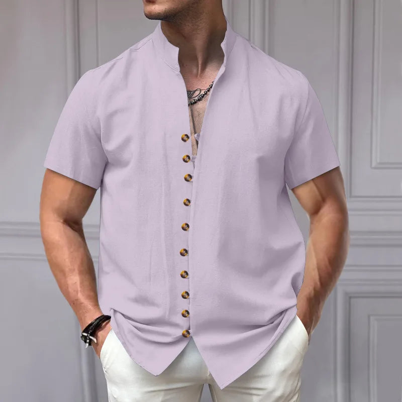 Summer New Short Sleeve Shirts for Men Fashion Solid Casual Linen Tops Breathable Stand Collar Loose Beach Blouses Men Clothing
