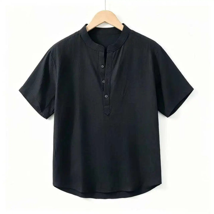Summer Men's Short Sleeve Shirts Solid Color Stand Up Collar T Shirts Loose Casual Beach Shirt Breathable Male Linen Tops