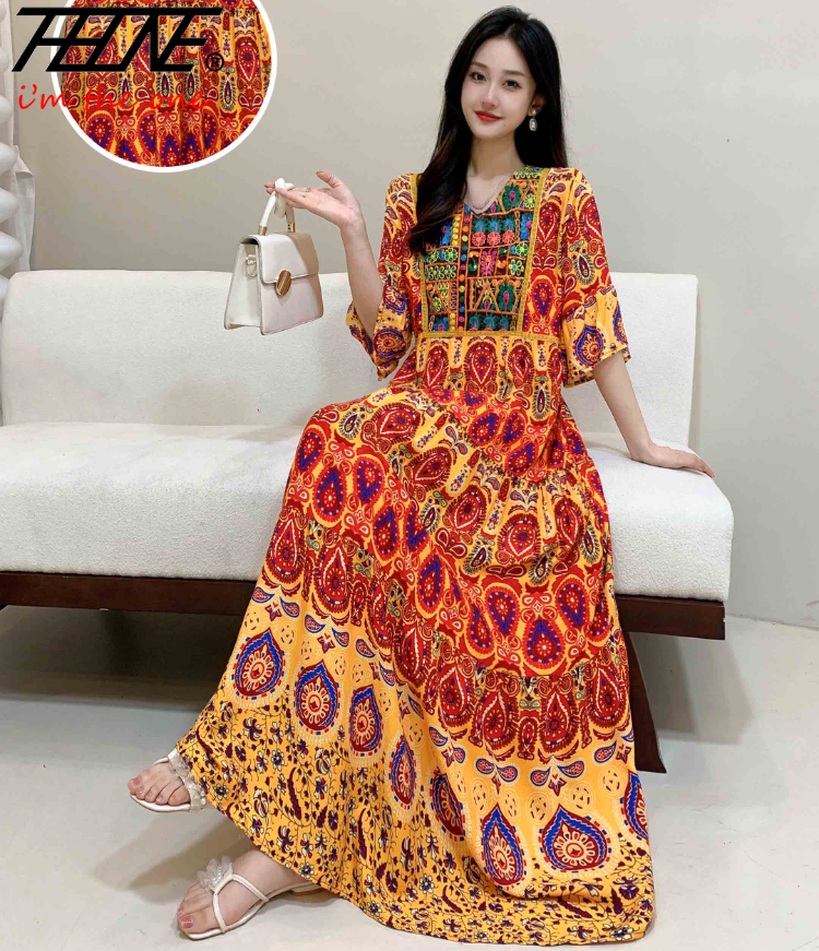 Women’s Indian Summer Dress – Embroidered Elegant Maxi Party & Beach Dress