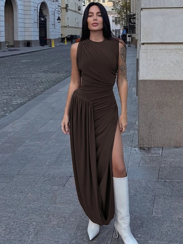 Woman Clothing O-neck Sleeveless Tunics High Slit Long Dress Streetwear Y2K Female High Waist Ruched Solid Holiday Party Dresses