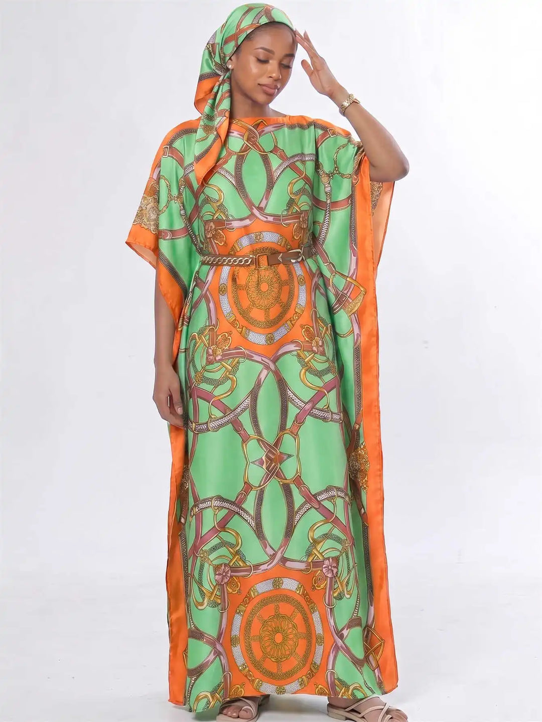 Women Muslim Kaftan Abaya With Matching Hijab Scarf Chain Print Maxi Dress Loose Batwing Sleeve Long Robe Set For Malay