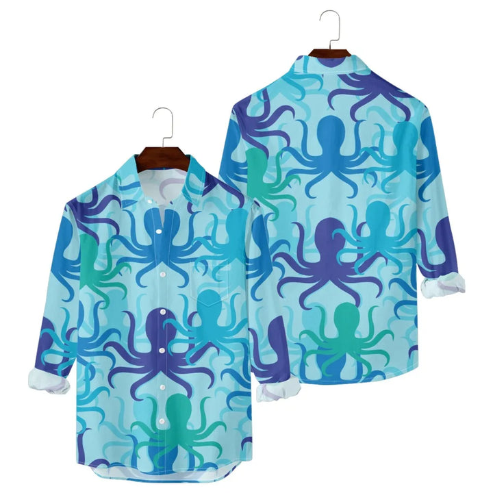 قميص رجالي مطبوع عليه سمك هاواي - قميص كاجوال بأكمام طويلة