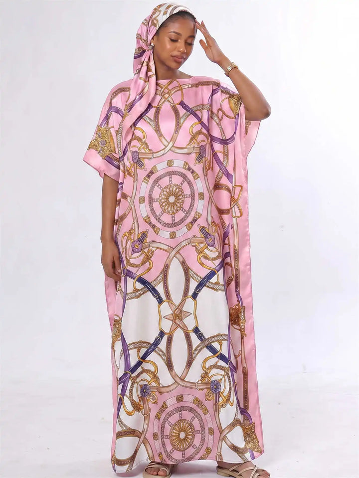 Women Muslim Kaftan Abaya With Matching Hijab Scarf Chain Print Maxi Dress Loose Batwing Sleeve Long Robe Set For Malay