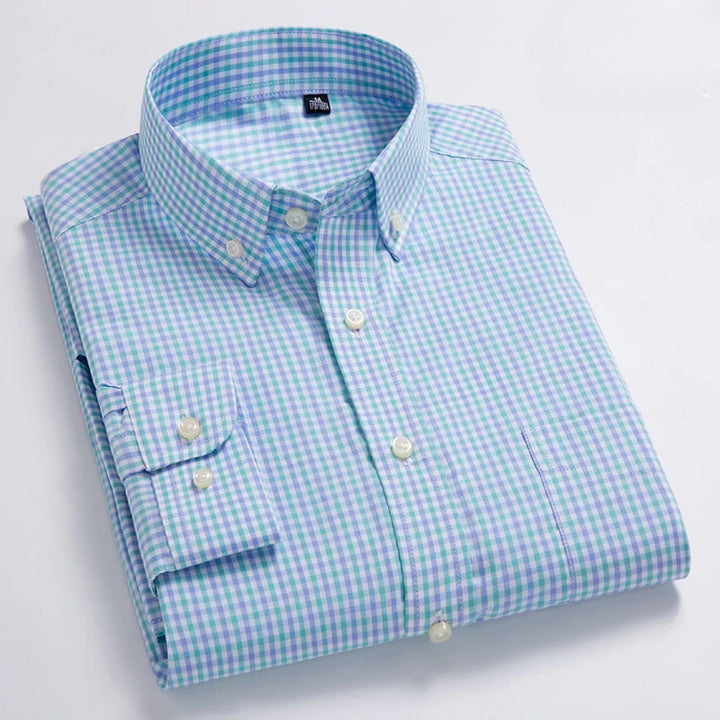 New in Shirt 100% Cotton Long-Sleeve Shirts for Men Slim Fit Plain Shirt Thin Plaid Striped Tops Fashion Elegants Office Clothes