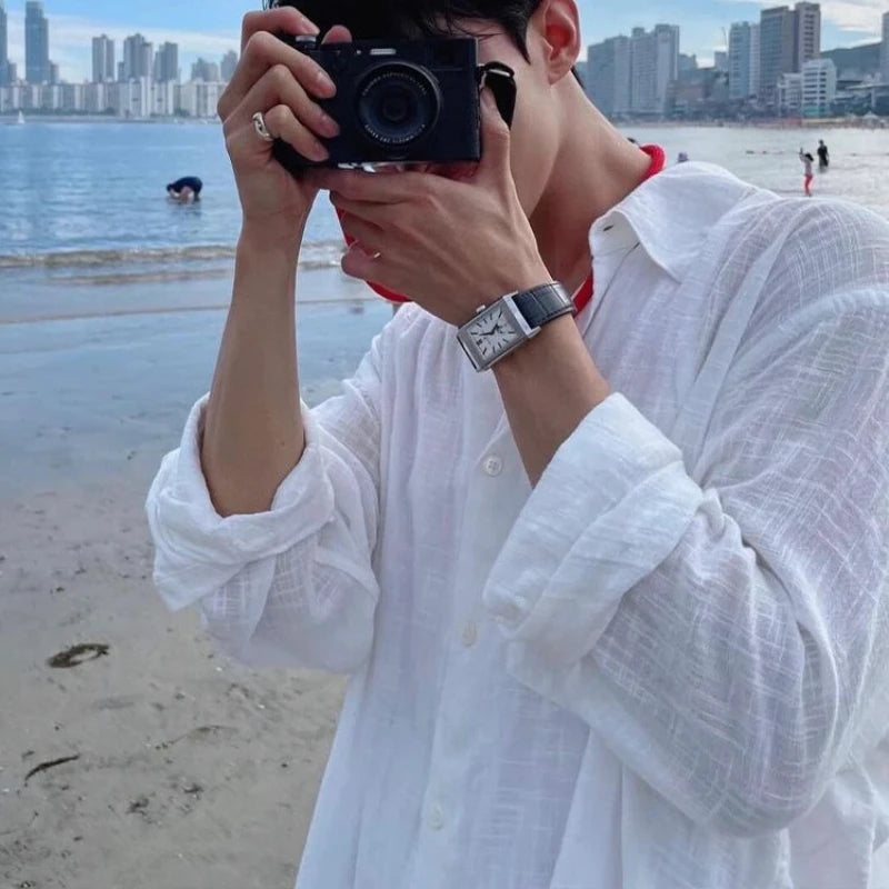Men's Shirt Premium Thin White Loose Breathable Shirt Loose Long Sleeve Sun Protection Tees Lightweight Vacation Pockets Shirts