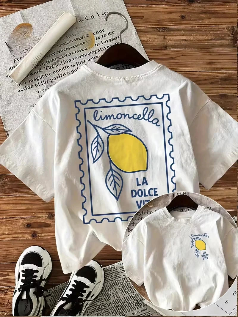 Men's and Women's T-shirts, Bright Lemon Print T-shirts, Short-sleeved Round Neck Casual Shirts, Suitable for Summer.