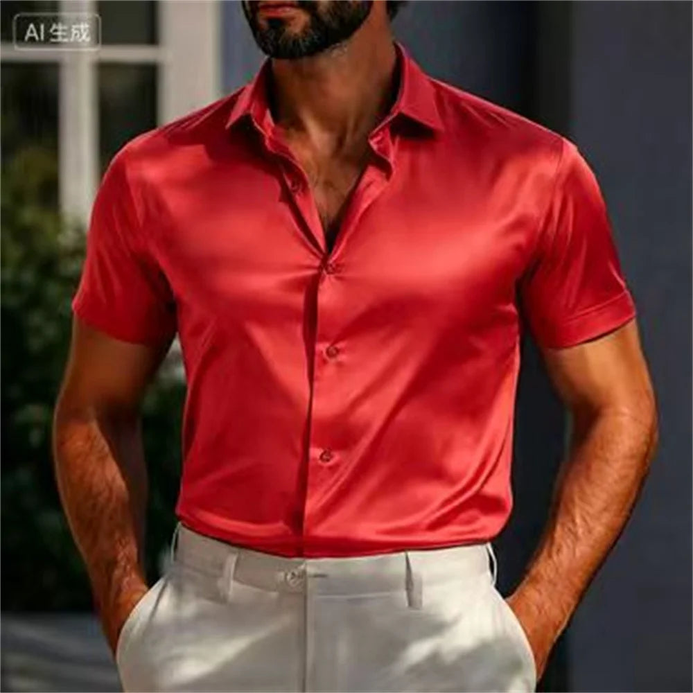 Men's Shirts Satin Shirts Formal Shirts Solid Color Daily Outdoor Light Blue Black White Navy Blue Short Sleeve Cuffed Summer Cl