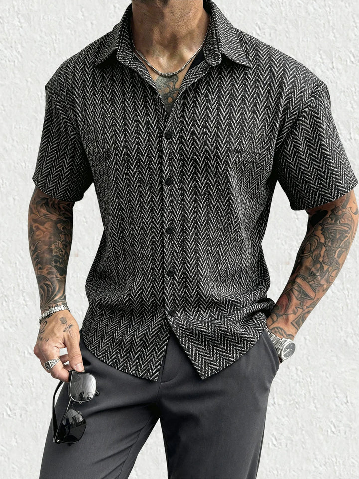 Men's Summer Herringbone Short Sleeve Shirts Casual Loose Turn-Down Collar Sweater Tops Cross-Border Men's Fashion