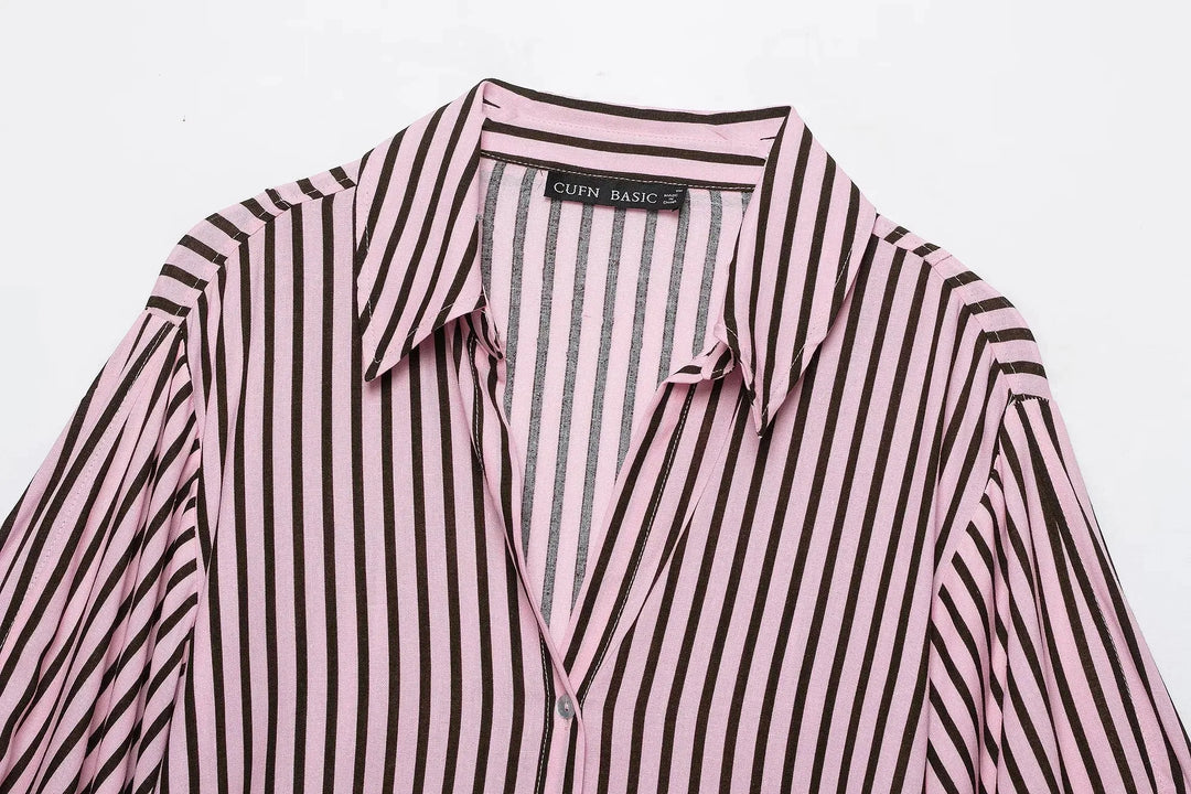 Women Striped Shirts For Women Vintage Elegant Puff Sleeve Summer New High Street Clothes Leisure Single-breasted Lapel Blouse