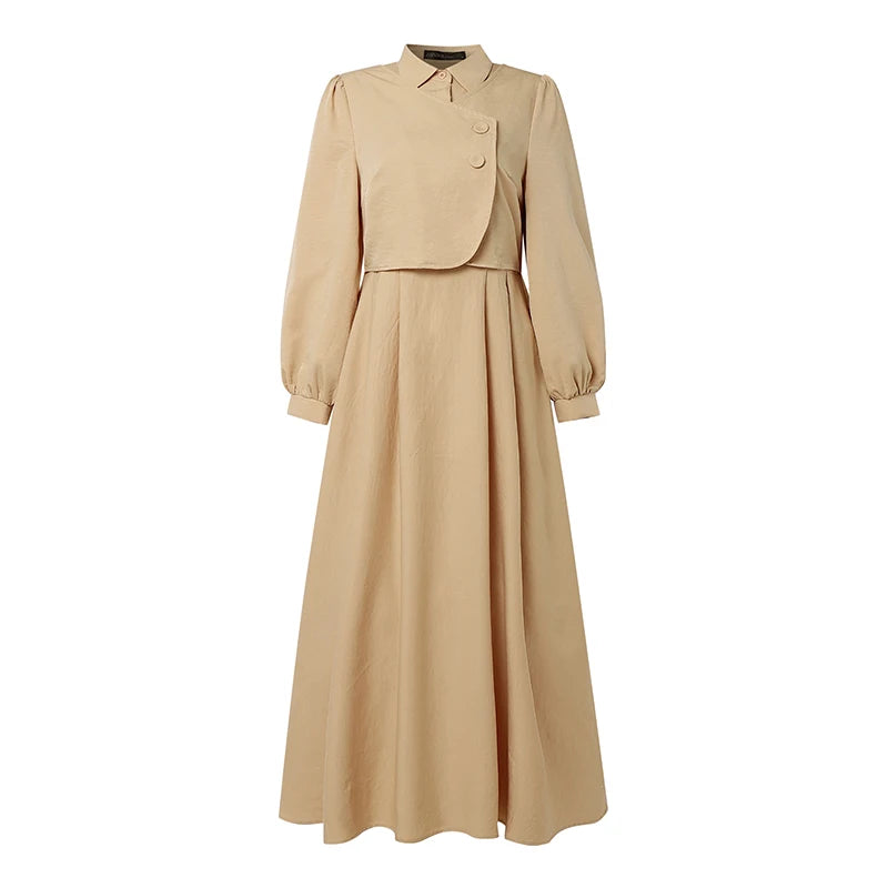 ZANZEA Ramadan Robe Fashion Muslim Dresses Women Elegant Long Sleeve Pleated Sundress Dubai Abaya Casual Kaftan Fake 2 Pieces