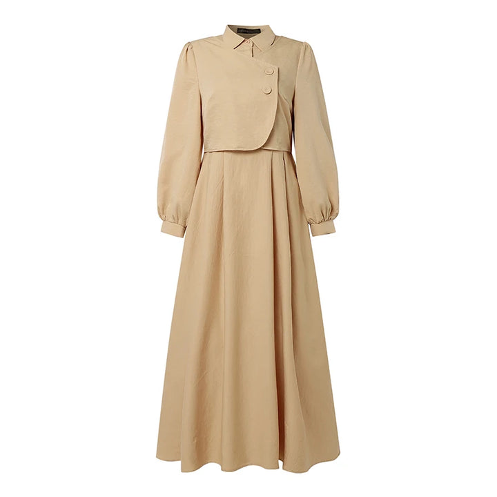 ZANZEA Ramadan Robe Fashion Muslim Dresses Women Elegant Long Sleeve Pleated Sundress Dubai Abaya Casual Kaftan Fake 2 Pieces