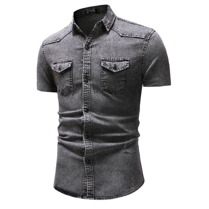 Men Denim Shirts Tops Shirt Short Sleeve Button Turn Down Collar Single Breasted Slim Fit Solid Simple Casual Splice Top 2024